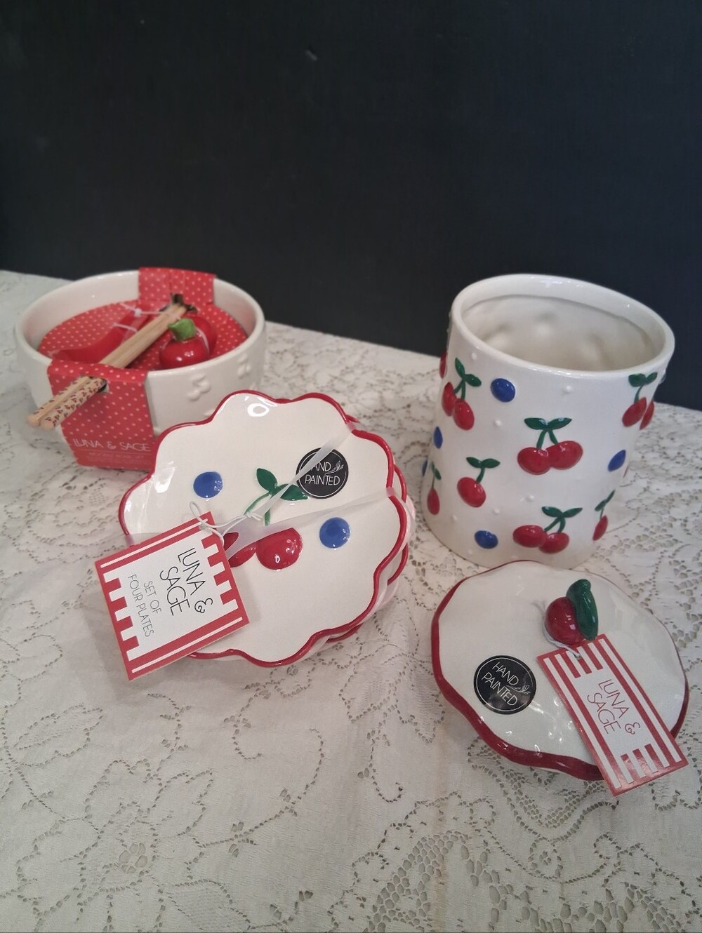 Luna & Sage 3D Cherry Ceramic 6Pc Bundle Plates Bowl Canister
